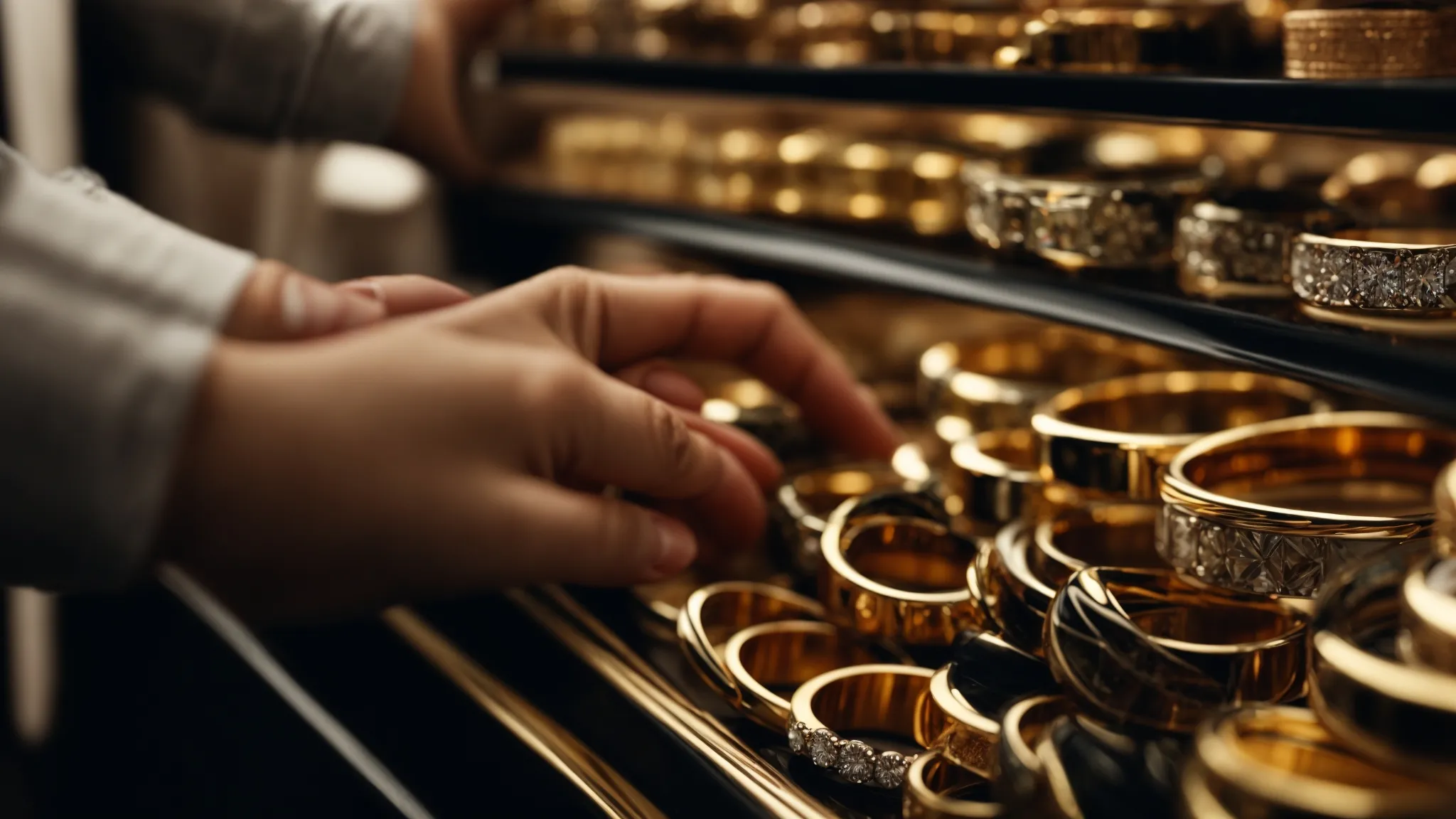 a close-up view of a couple's fingers tenderly touching as they admire a selection of gold wedding rings on a velvet display.