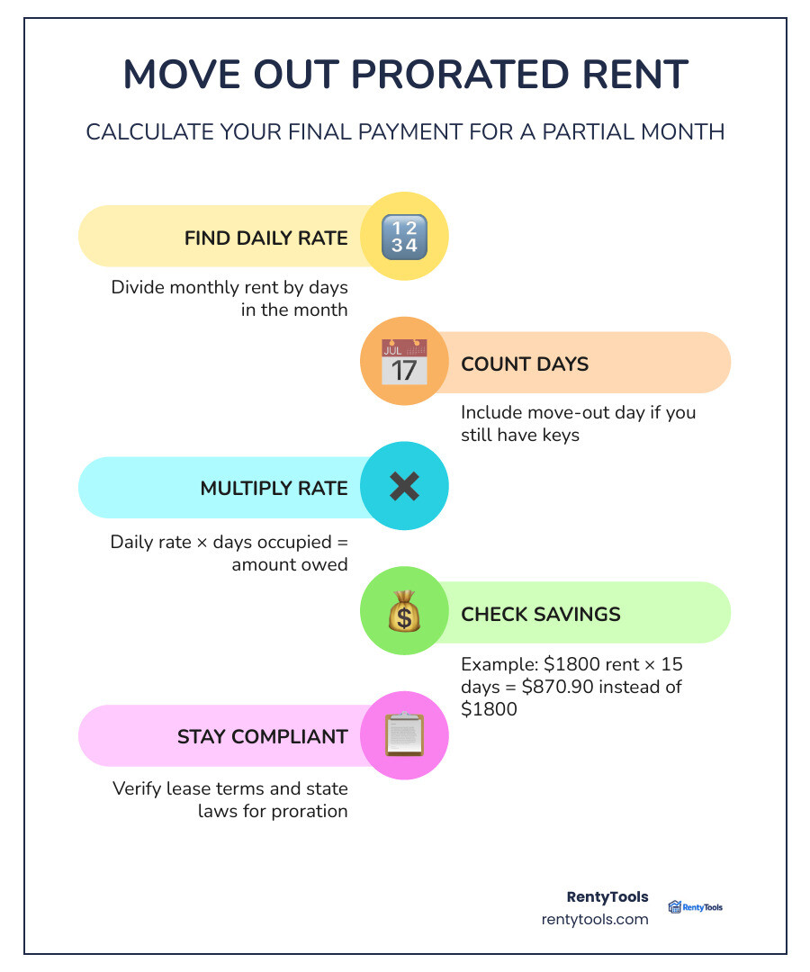 Infographic showing the 3-step move out prorated rent formula with example calculation and savings infographic