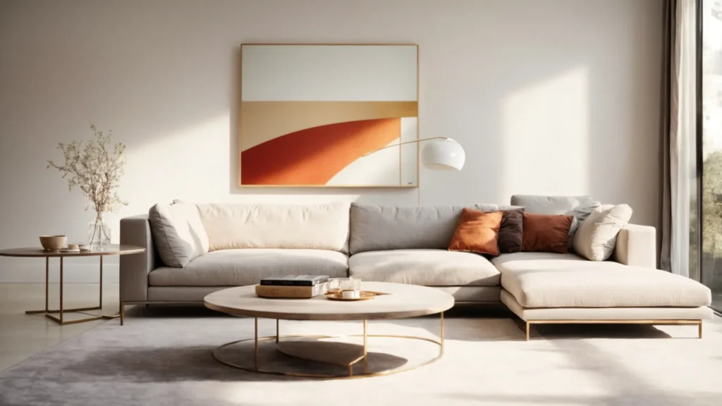 a sleek, minimalist living room bathed in sunlight, featuring a contemporary sofa set and an abstract art piece on the wall.