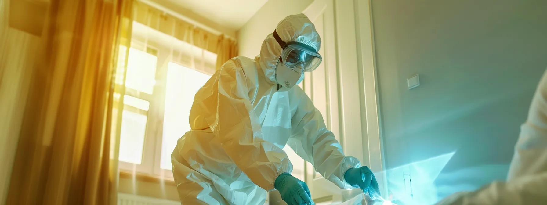 a professional in protective gear inspects a multi-family home for bed bug signs.