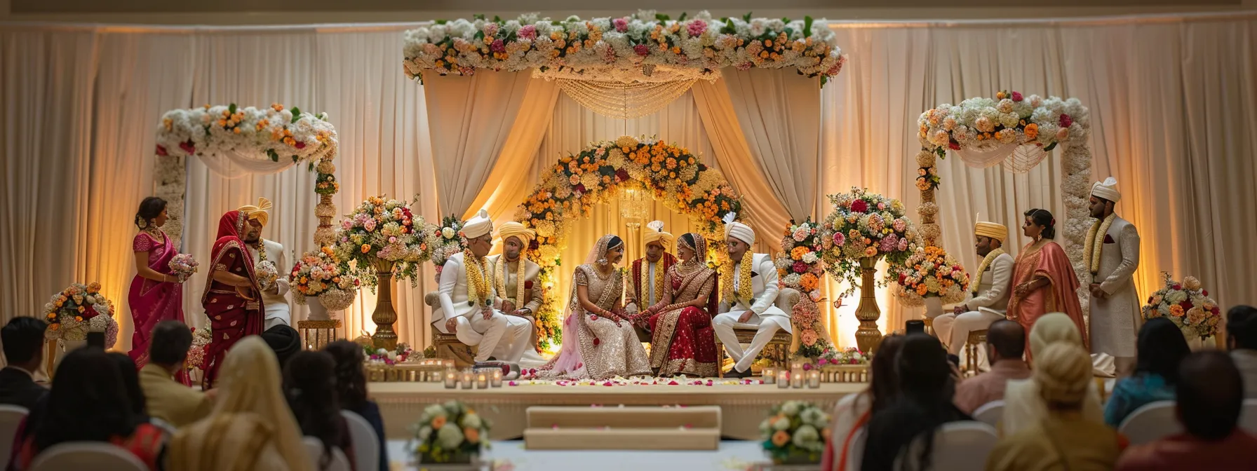a beautifully arranged wedding scene captures the couple and their families posed elegantly against a classic backdrop.