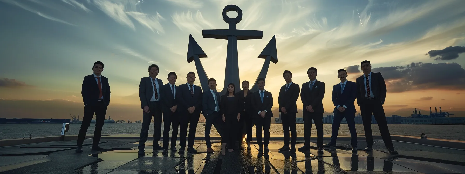 a group of professionals in suits standing next to a large anchor symbolizing a strong partnership with a quality care network for better brand reputation.