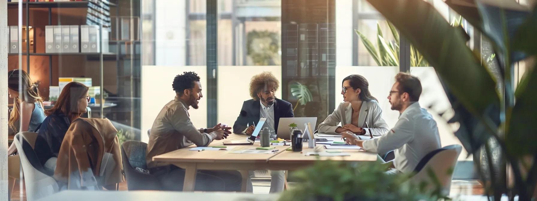 a sleek, modern office environment showcases a diverse group of professionals engaged in a collaborative discussion around a large table, with visual aids like charts and checklists emphasizing the key factors for choosing reliable removalists, bathed in warm, focused lighting.