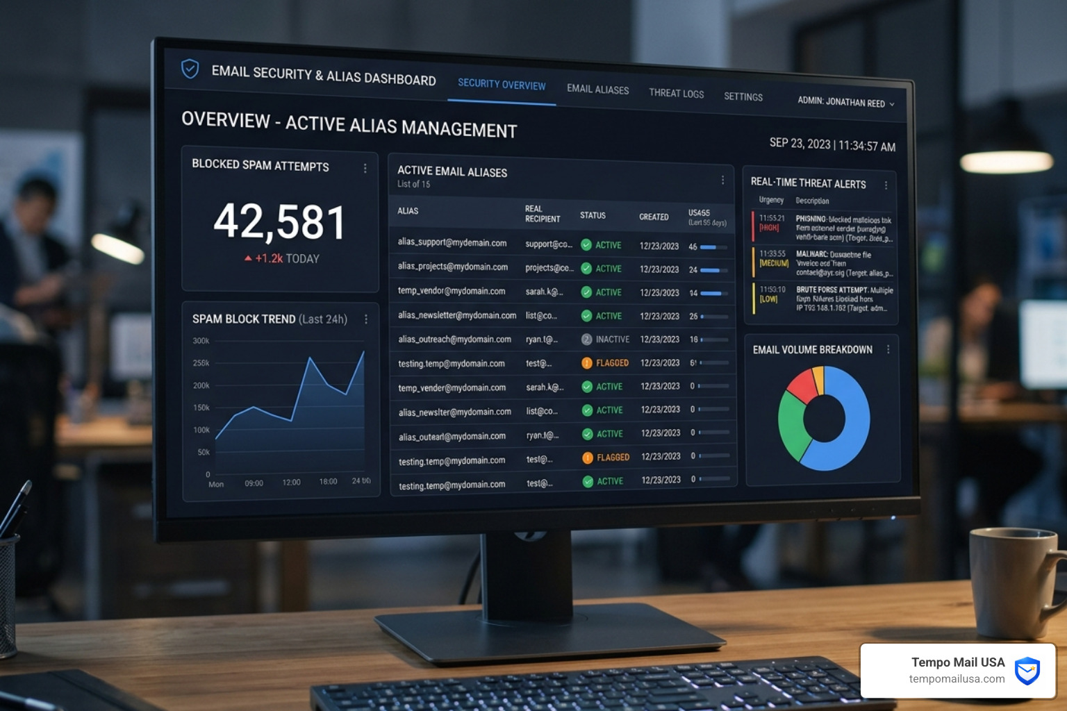 A security dashboard showing active aliases and blocked spam attempts - alias email address
