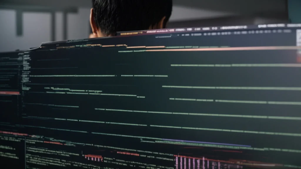 a person sitting at a computer, transforming blocks of text on the screen using a software program.