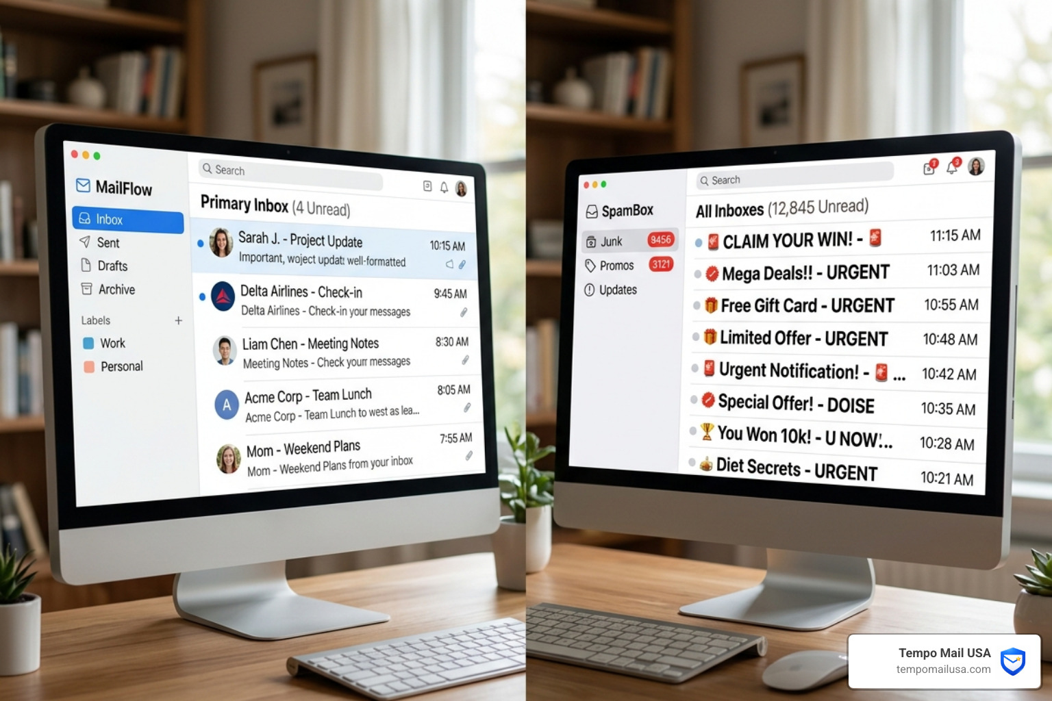 A clean, organized primary inbox contrasted with a cluttered, spam-filled secondary inbox - free temporary email address