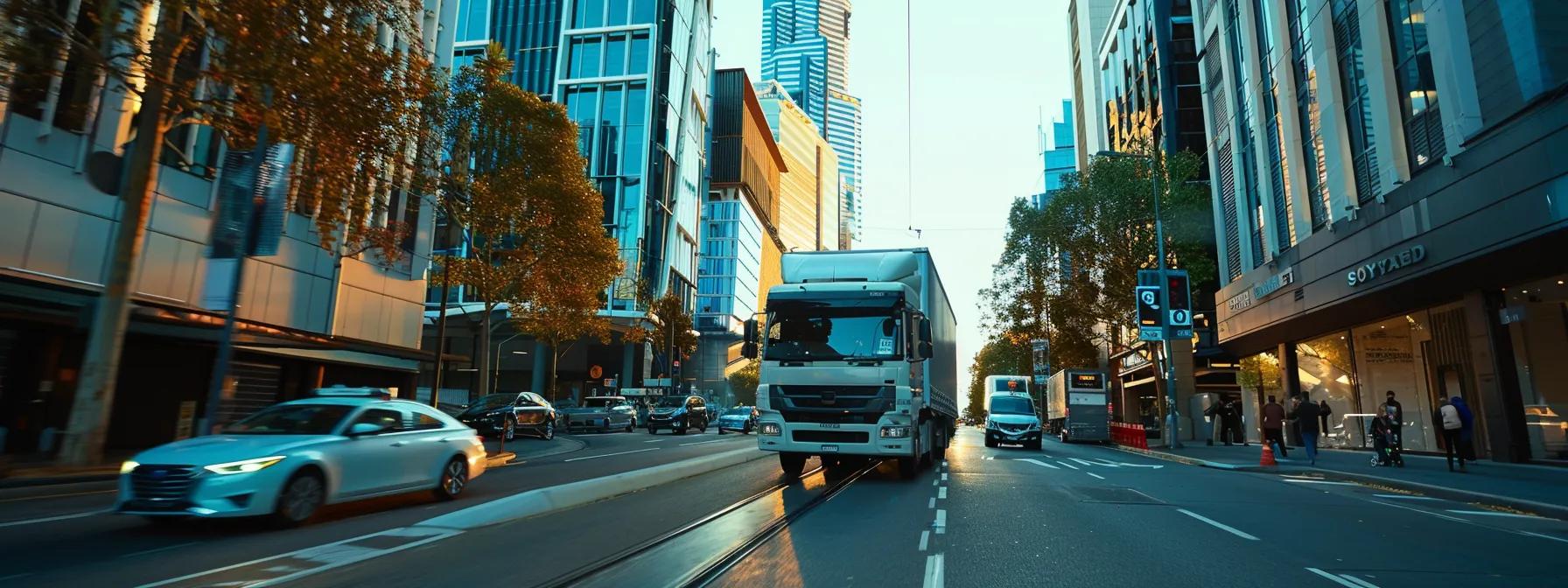 a dynamic urban scene depicting a professional removalist team expertly navigating through a bustling perth street, strategically coordinating with local traffic and utilizing modern moving equipment, emphasizing efficiency and expertise in a city environment.