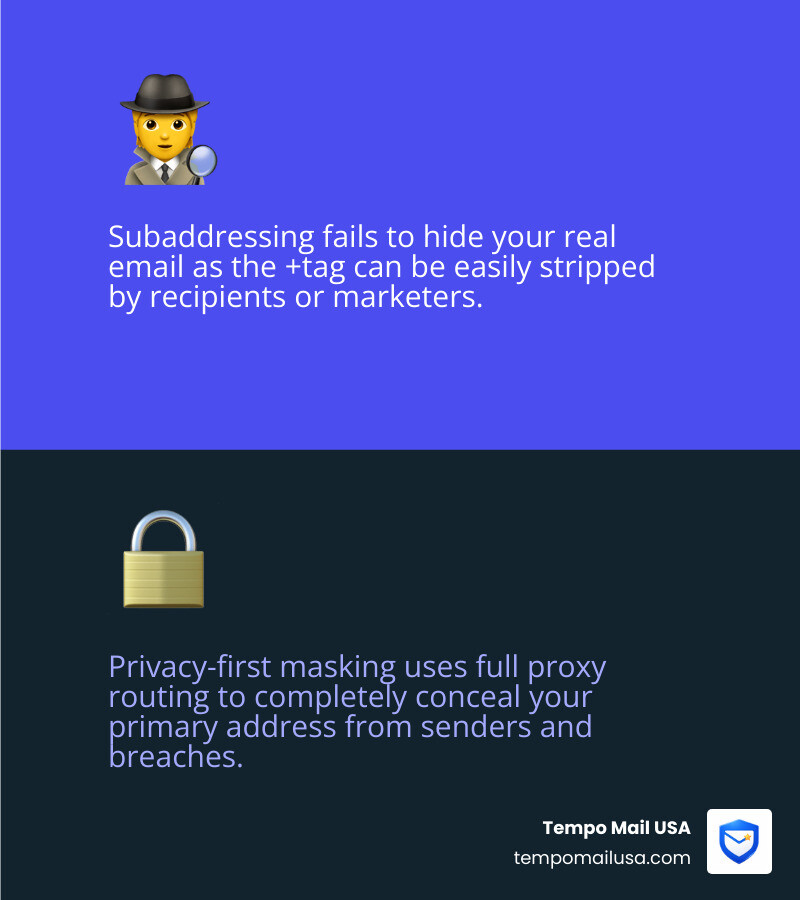 Comparison table of subaddressing vs standard aliases vs privacy-first masking - alias email address infographic