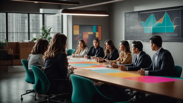 a group of professionals collaborates intently around a conference table with colorful strategy charts displayed on the wall.