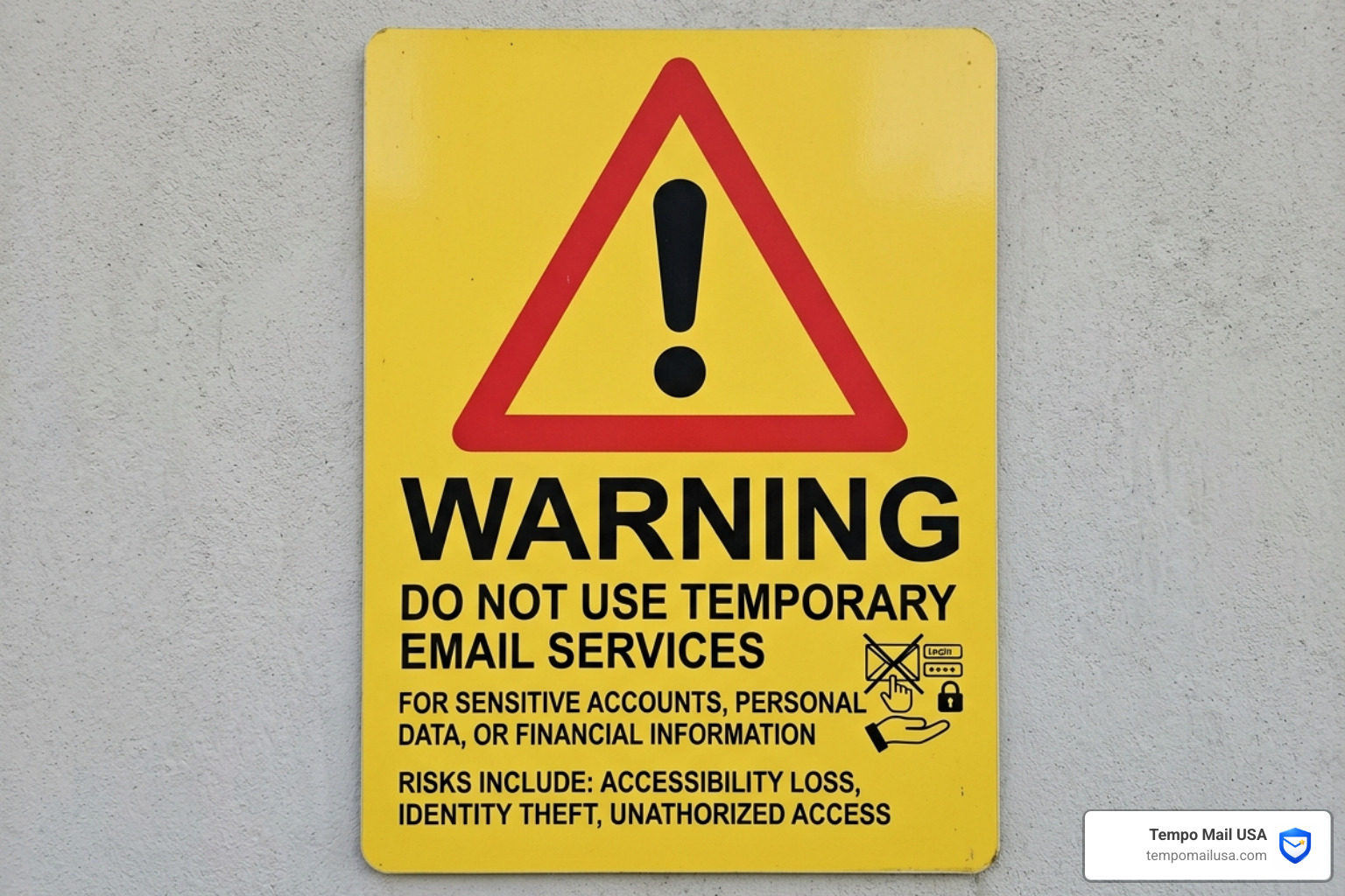Warning sign indicating that temporary emails should not be used for sensitive or permanent accounts - free temporary email