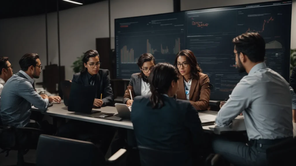 a team of professionals brainstorming around a digital marketing plan on a large screen.
