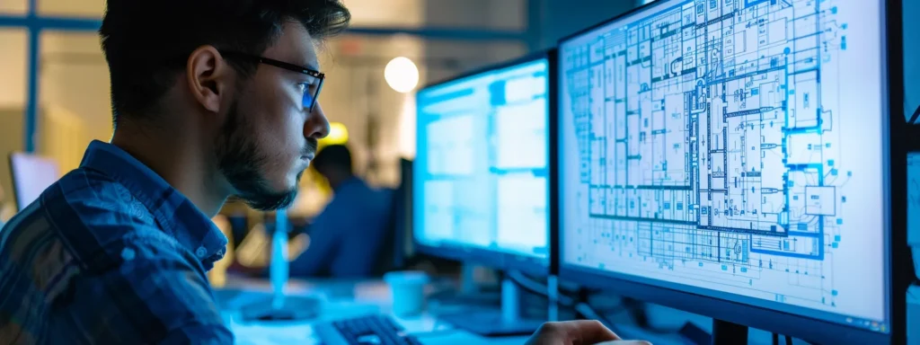 business professionals carefully examining a large gang sheet design layout on a computer screen.