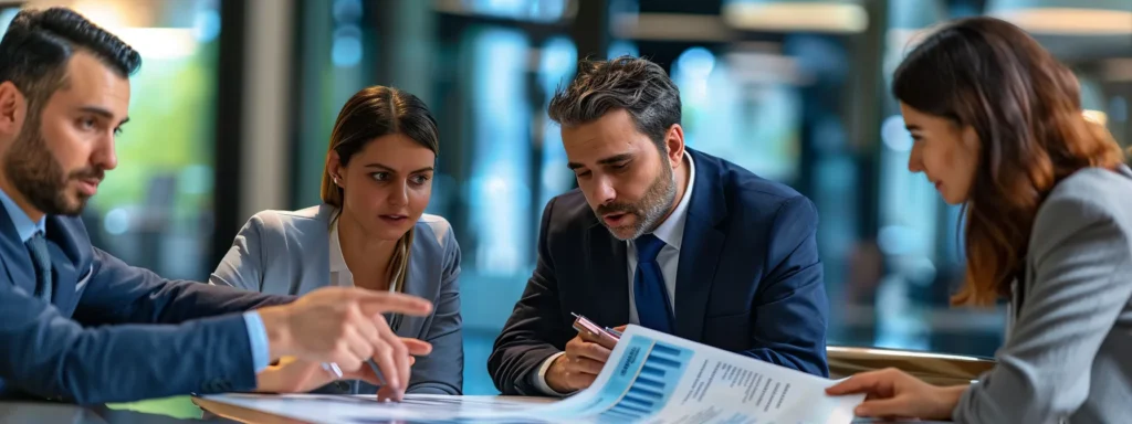 business professionals gathered around a table, pointing at a brochure with peak air hvac logo, deep in discussion about warranty terms and conditions.